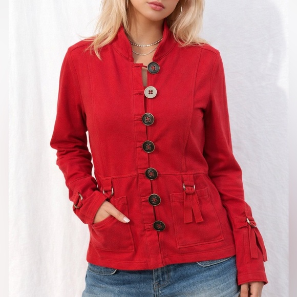 neon buddha Tops - Neon Buddha Coral Red Button Yoga Jacket Stretch size Small Cotton Athleisure